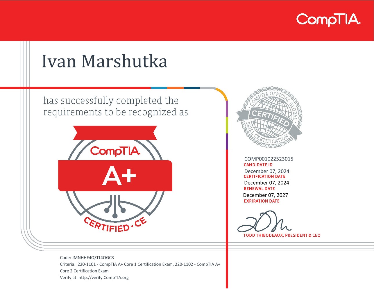 CompTIA A+ certificate